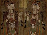 British Museum Top 20 17 Dunhuang Two Standing Avalokiteshvara 17. Two Standing Avalokiteshvara - , Cave 17 Dunhuang China, mid 9C AD, 147 x 105 cm. The British Museum has many artifacts that are not on display, like this one of almost 400 priceless Buddhist paintings on silk from the Dunhuang cave complex in China from the Stein collection. The painting shows two almost identical figures of Avalokiteshvara, one of the most popular of the bodhisattvas, identifiable by the small figure of the Buddha Amitabha in his headdress. One of the only differences between the two figures are the attributes that they hold: that on the left holds a flower, that on the right a vase and a willow branch. All three were popular attributes of Avalokiteshvara. The inscription in the centre of the painting translates in part: '�the disciple of pure faith, Yiwen, on his own behalf, having fallen [into the hands of the Tibetans], hopes that he return to his birthplace.' Therefore this example was commissioned to ensure a peaceful life during the period of war with the Tibetans, who finally had to give up Dunhuang in 948 AD. For more information on Dunhuang, check out 